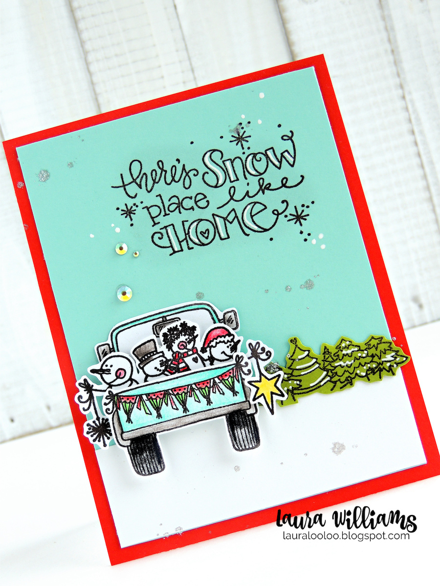 How cute is this truck?! You're going to love this stamp set for fall and winter! The truck is two separate stamps, and then there are sweet little images to put in the back of the truck - snowmen, pumpkins and trees. Plus there are coordinating sentiments for each. Cuteness, right!?