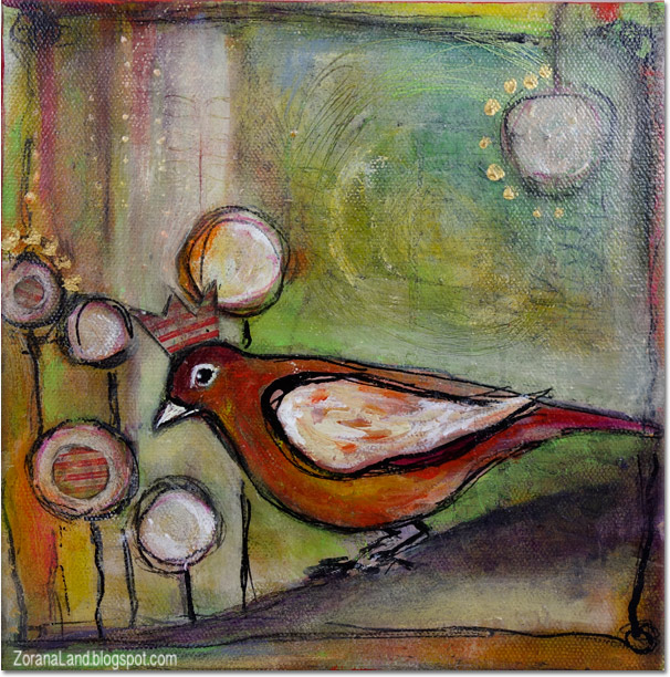 mixed media painting  canvas bird crown Zorana art Zoranaland