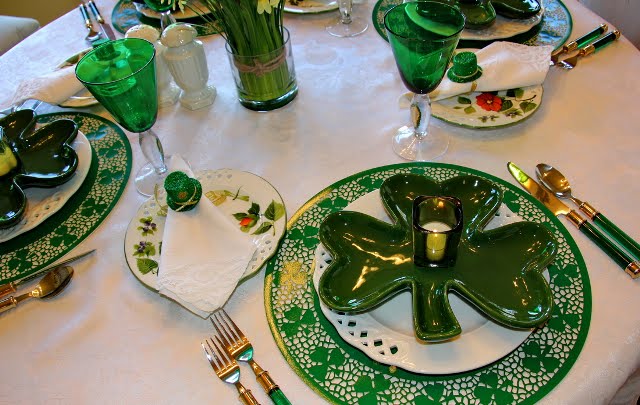 St. Patrick's Day Table Setting Tablescape with Shamrock Plates and Shamrock Chargers