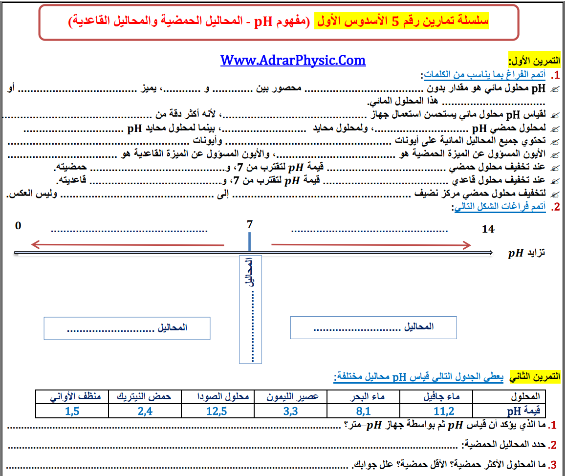 سلسلة تمارين لدرس المحاليل الحمضية والقاعدية بصيغة Word للسنة الثالثة إعدادي