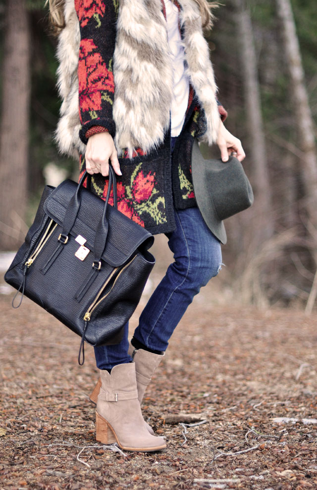 woodsy outfit in the woods, faux fur vest