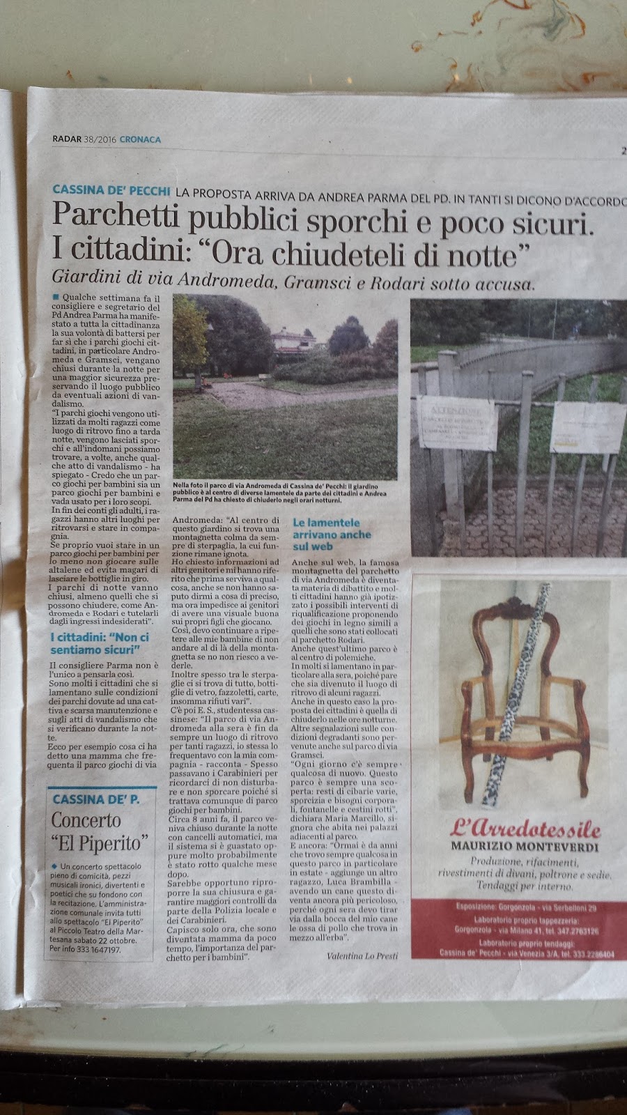 ANDREA PARMA Ancora sui Parchi gioco, ne parla "Radar"