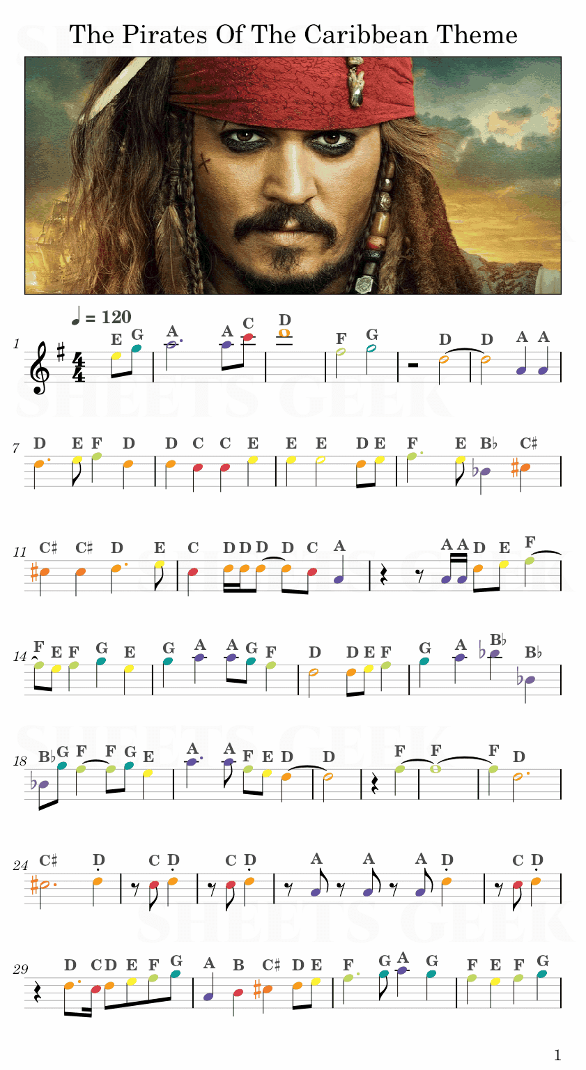 The Pirates Of The Caribbean Theme Easy Sheets Music Free for piano, keyboard, flute, violin, sax, celllo 1