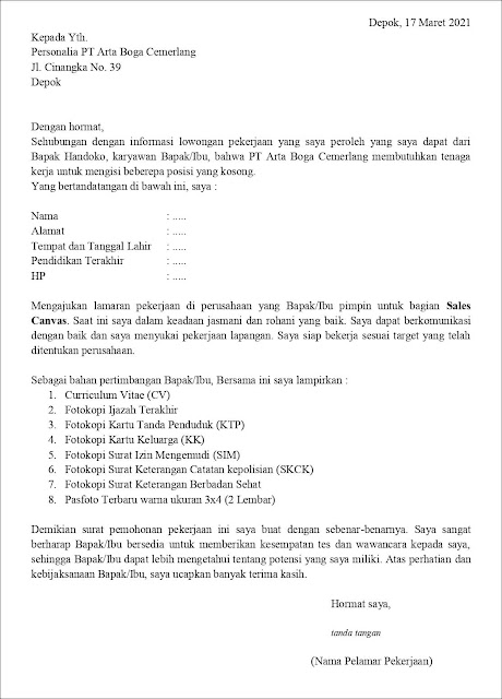 Contoh Surat Lamaran Kerja Untuk Sales Canvas (Fresh Graduate) Berdasarkan Informasi Dari Seseorang Contoh Application Letter Sales Canvas (Fresh Graduate)
