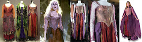 Left to right: the three original costumes from Hocus Pocus, then details of the one worn by Sarah Jessica Parker playing Sarah Sanderson.