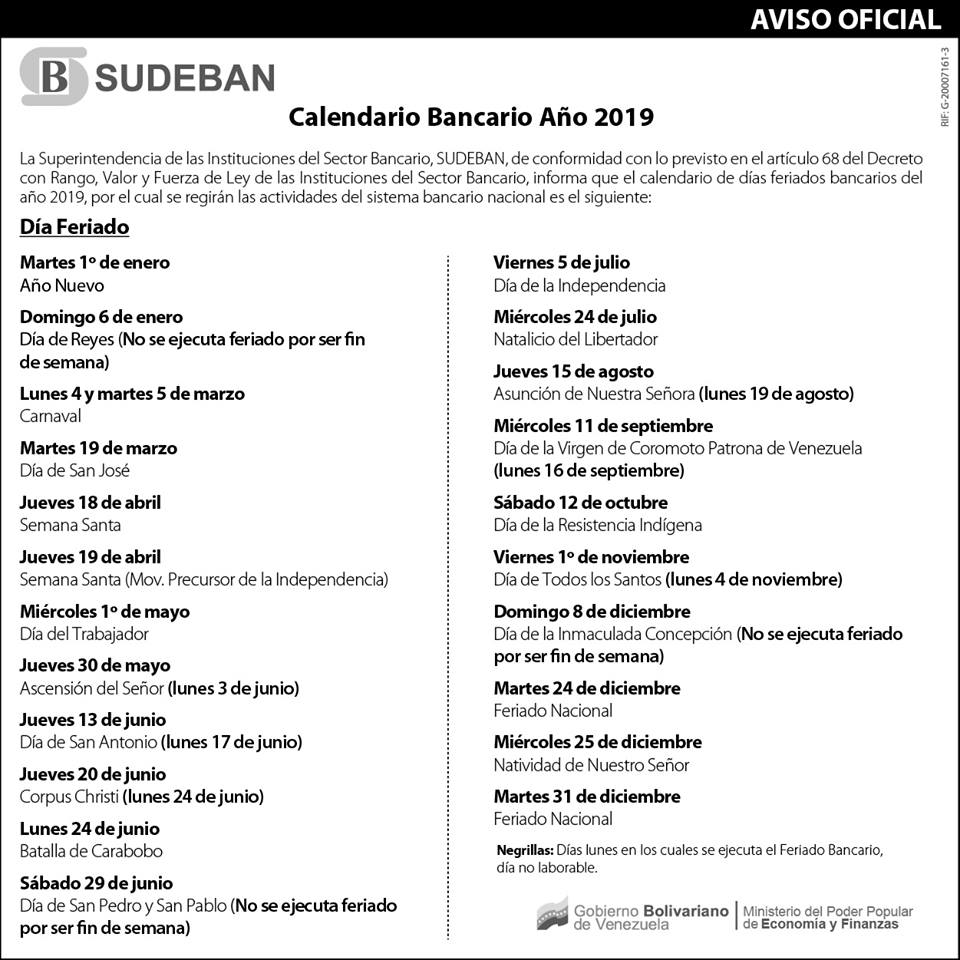 Calendario bancario y feriados de Venezuela 2019 Buscar De Todo
