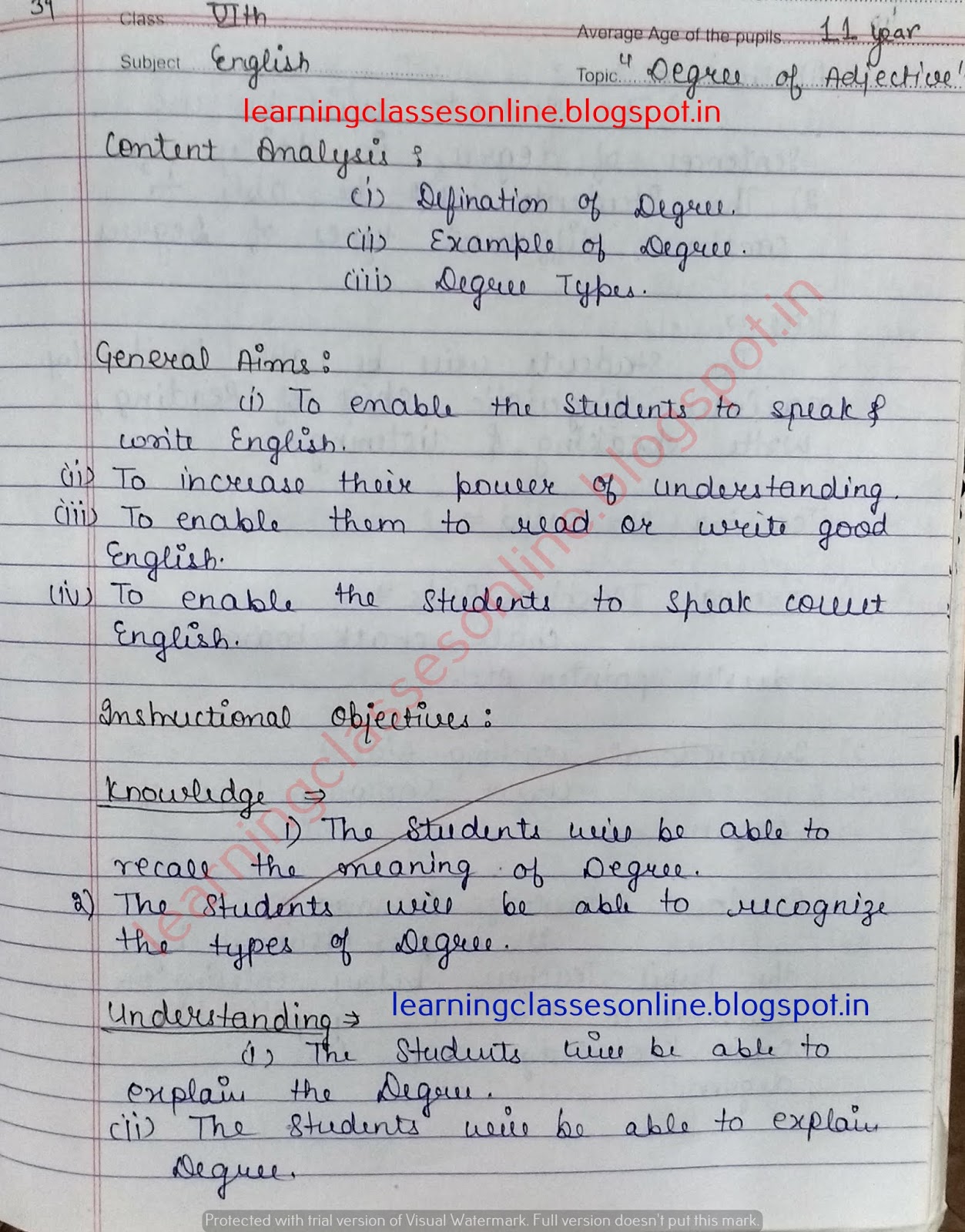 English Grammar Lesson Plan On Degree Of Adjective