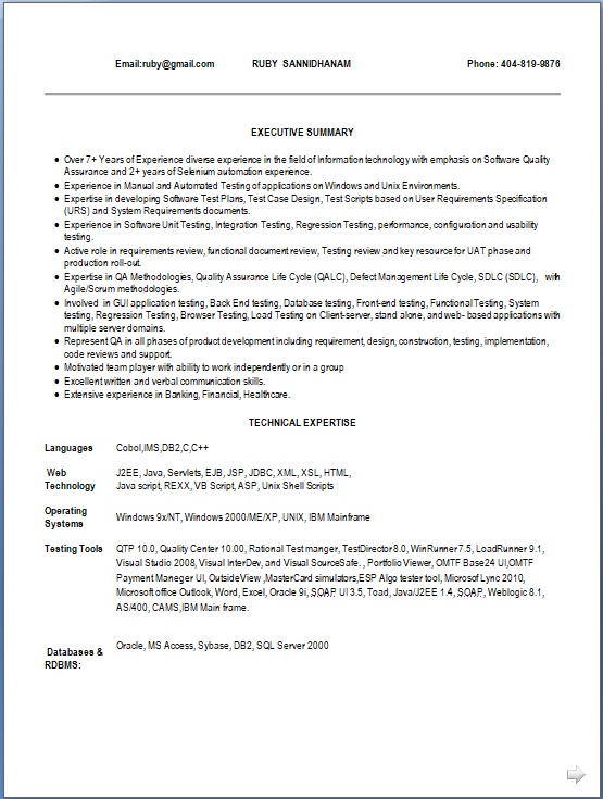 sr analyst software testing sample resume format in word loadrunner resume