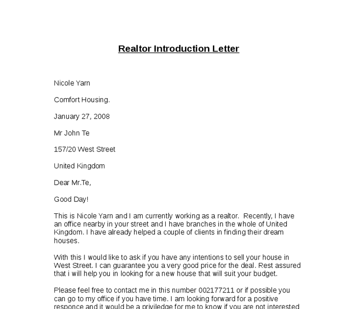 Real Estate Introduction Letter To Friends Template Resume Letter