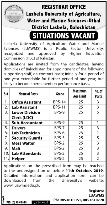 Jobs in Lasbela University 2019 Jobs in Lasbela University 2019