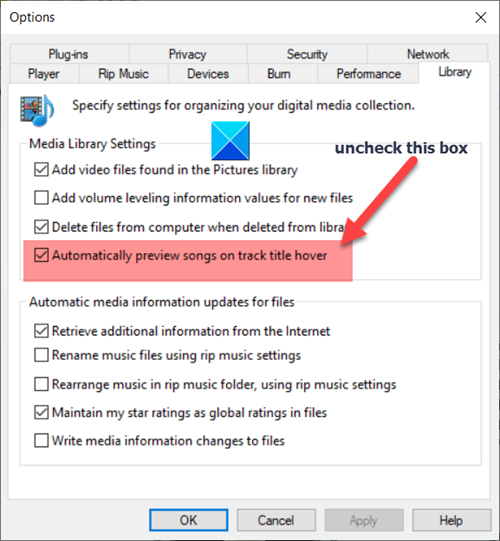 Opzioni di Windows Media Player