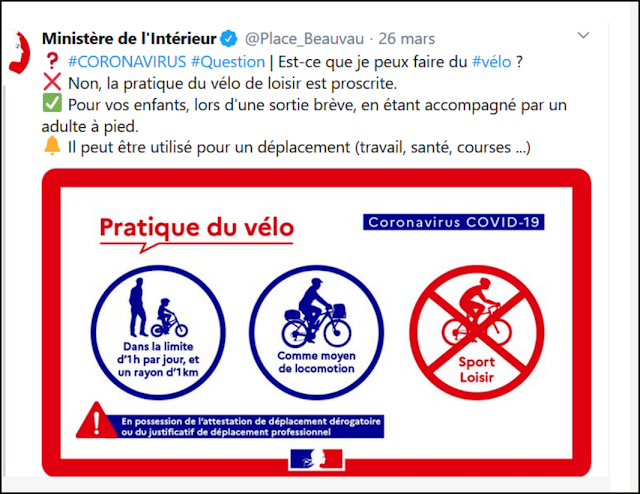 Tweet interdiction du vélo pendant le confinement