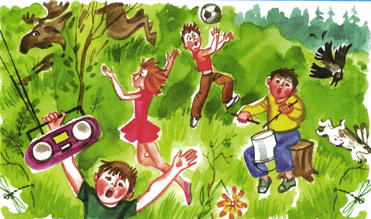 Разбегаются. Природа рисунок для детей. Детям об экологии. Человек в лесу рисунок. Иллюстрации поведения детей на природе.
