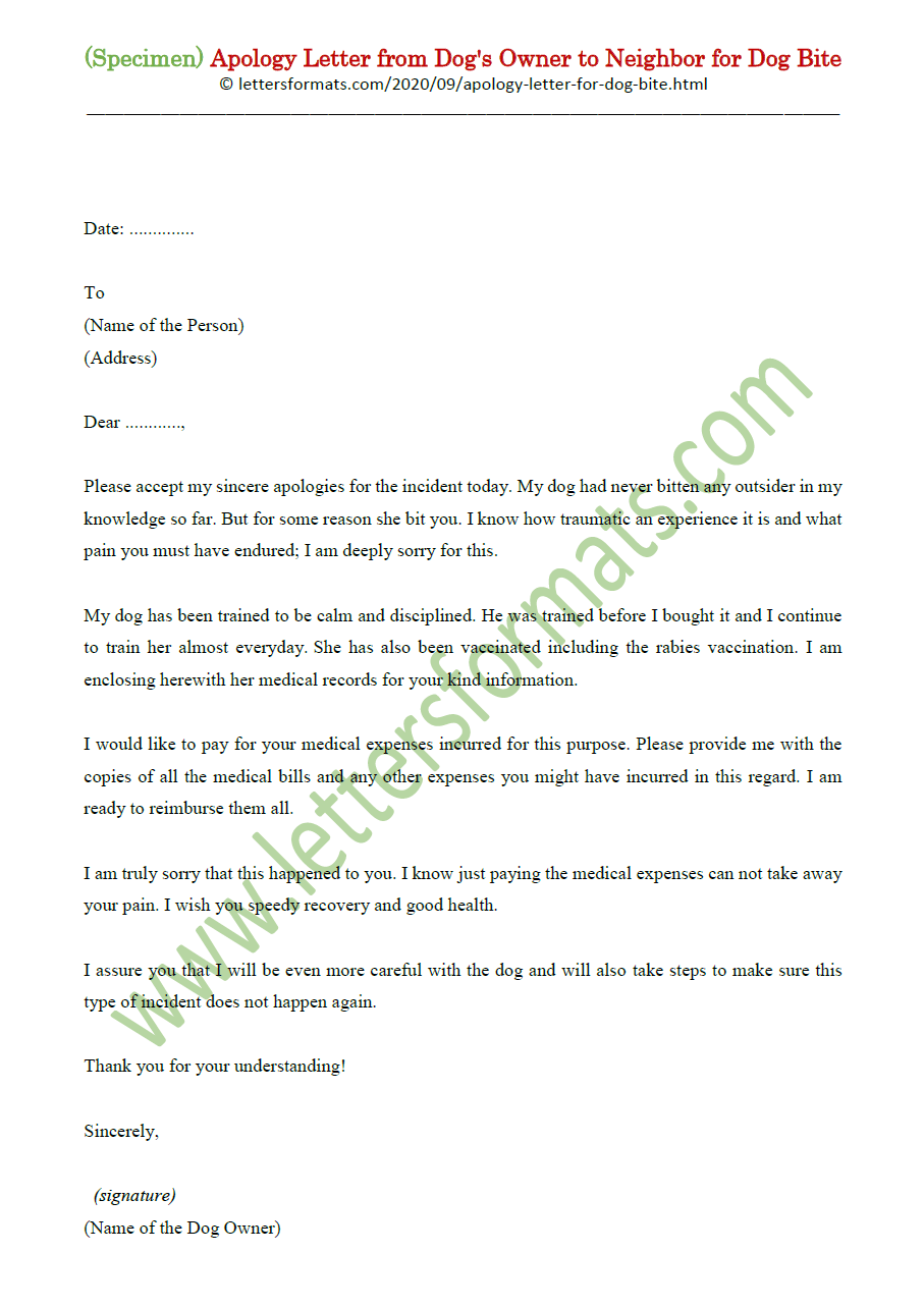 Sample Apology Letter to Neighbor for Dog Bite & Dog Barking