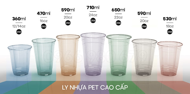 Các size ly nhựa PET phổ biến