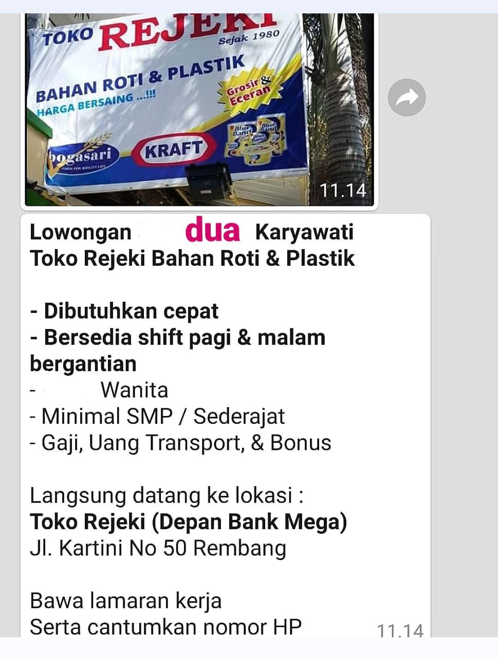 2 Lowongan Kerja Karyawati Toko Rejeki Rembang Bahan Roti Dan Plastik Lowongan Rembang
