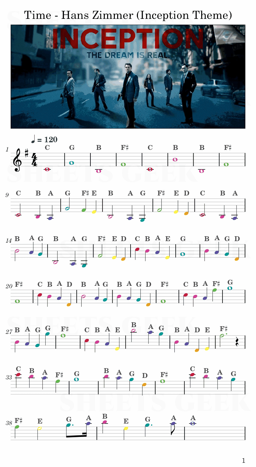 Time - Hans Zimmer (Inception Theme) Easy Sheet Music Free for piano, keyboard, flute, violin, sax, cello page 1