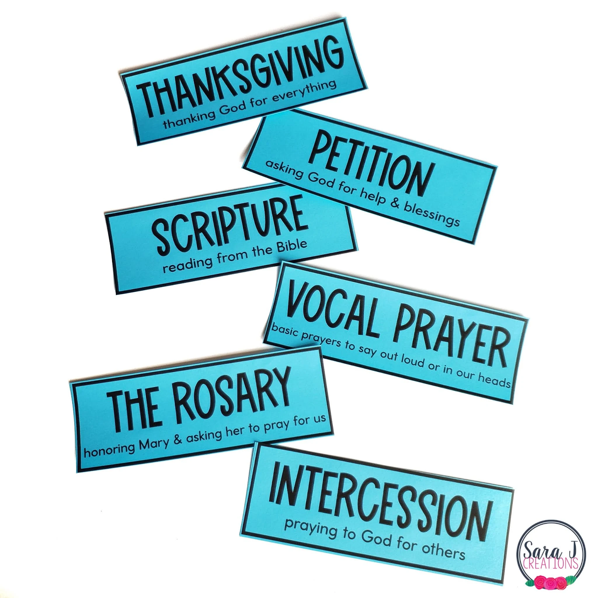 Teach your students 6 different ways to pray with this Catholic Prayers Bulletin Board. The perfect interactive bulletin board for Catholic classrooms