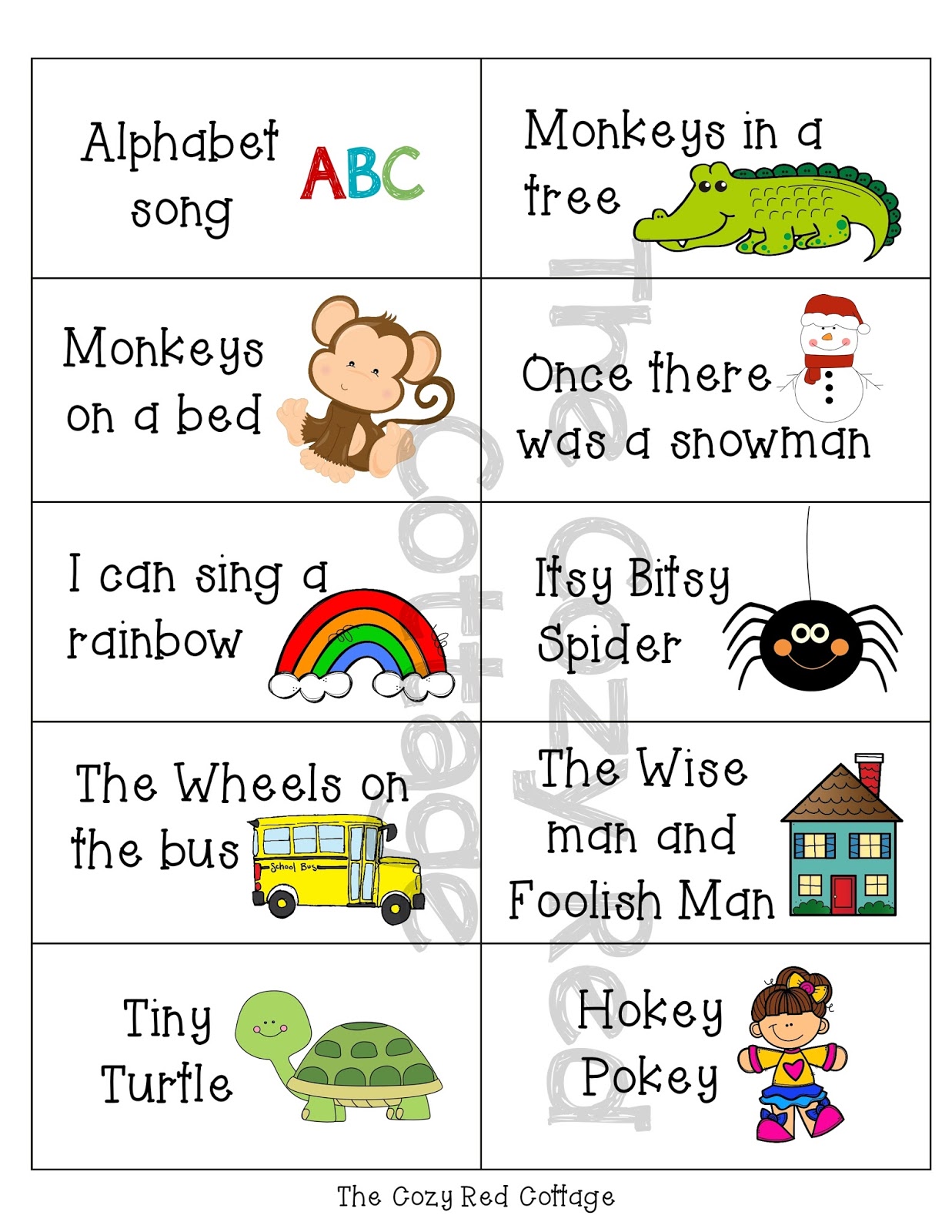 The Cozy Red Cottage 30 Preschool Song Cards free Printables 