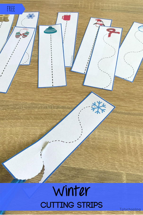 FREE printable Winter themed cutting cards for preschool kids to practice scissor skills and fine motor skills.