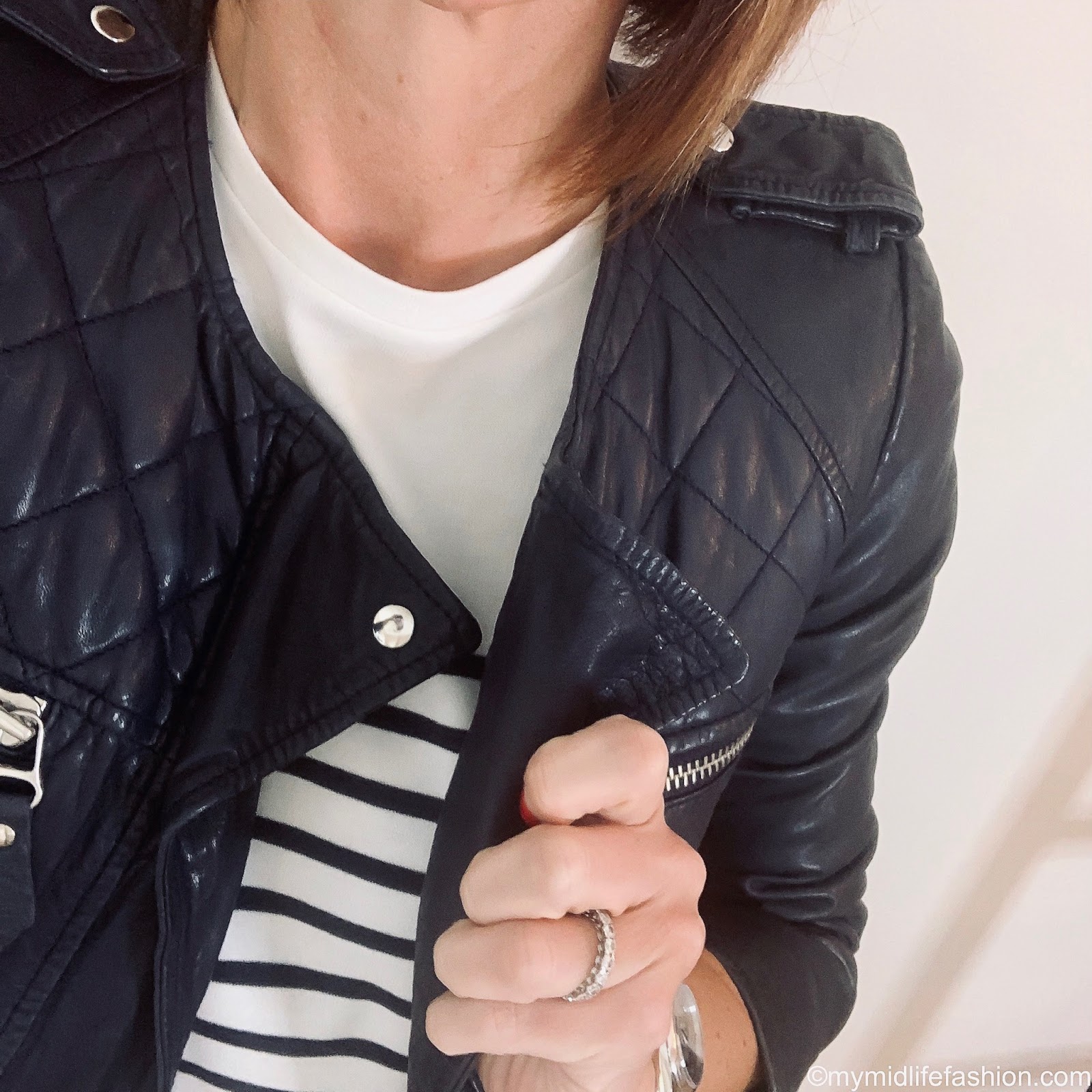 my midlife fashion, Isabel Marant Etoile leather quilted jacket, Claudie Pierlot Breton top, marks and Spencer off white trousers, h and m suede pointed flat ballet shoes