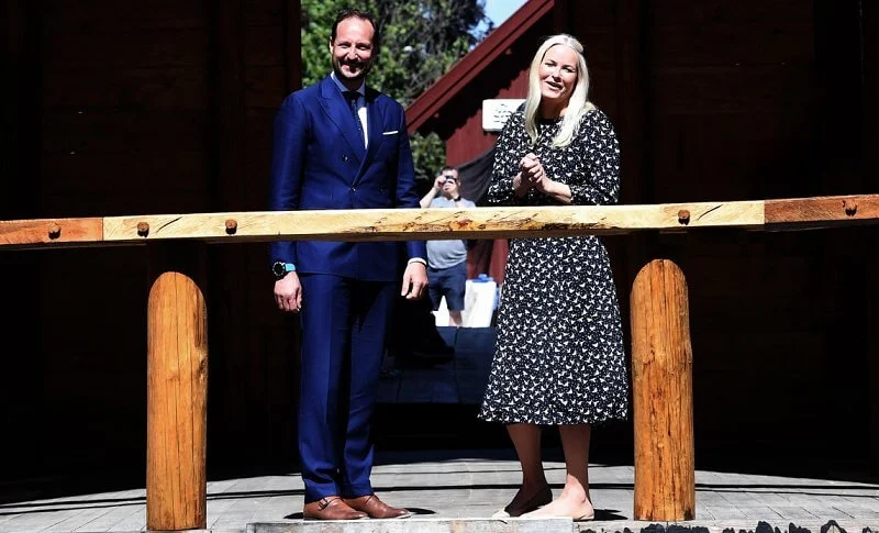 Crown Princess Mette-Marit wore a birds flying print dress from Pia Tjelta, and beige flats from Christian Louboutin