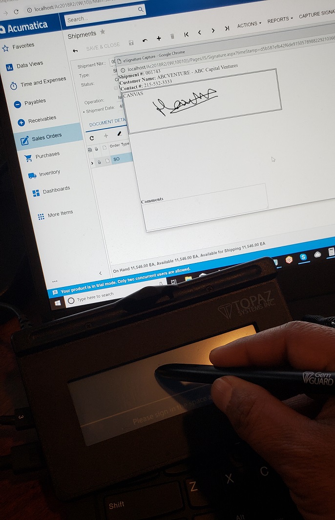 Topaz Signature Pad integration with eSignature for Acumatica Cloud ERP