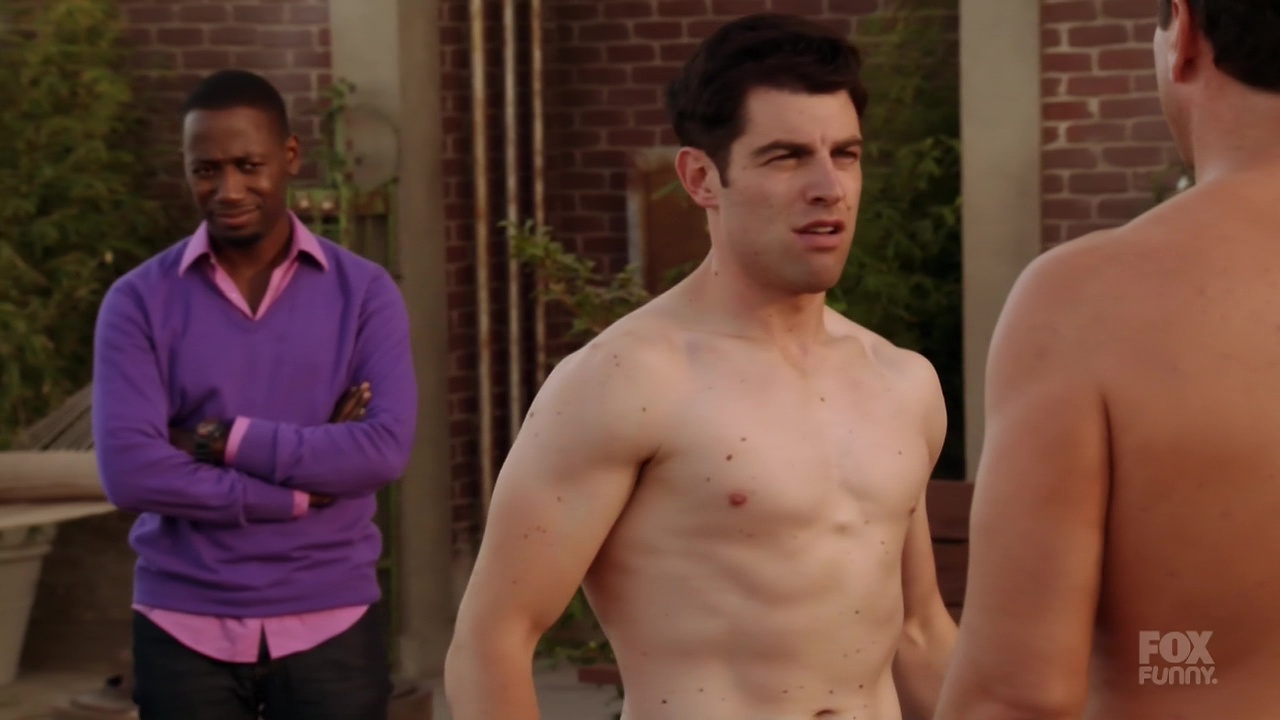 Max Greenfield and Rob Riggle shirtless in New Girl 2-08 "Parents"...