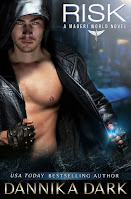 Risk book cover. A dashing man with a wicked grin flashes his bare chest and nipple ring by opening half of his leather jacket, a dark city street behind him.