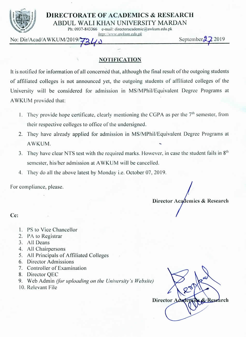 Abdul Wali Khan University Mardan Notification From Director Academics