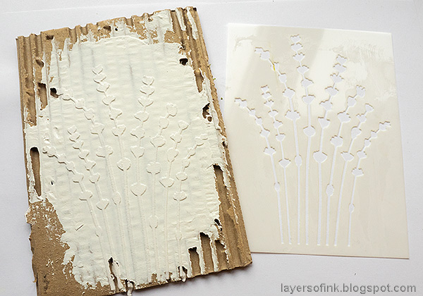 Layers of ink - Lavender Mixed Media Tutorial by Anna-Karin Evaldsson. Apply texture paste through the stencil.