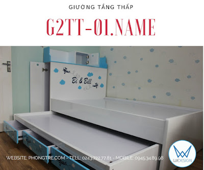 Phiên bản giường tầng thấp đa năng G2TT-01.NAME trang trí chủ đề máy bay biểu diễn và tên 2 bé trai