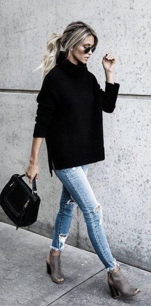 Street style | Turtle neck black sweater, jeans and open toe leather  booties | Just a Pretty Style