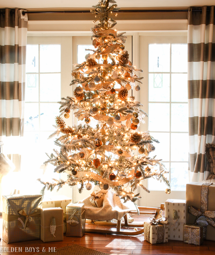 Flocked tree with glittery bronze, gold, silver ornaments - Golden Boys and Me Holiday Home Tour 2017