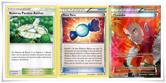 Pokémon TCG - Exemplos de cartas: Estádio, Item e Apoiador.