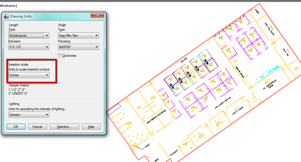 Next open the destination drawing and set the Insertion Scale units to ...