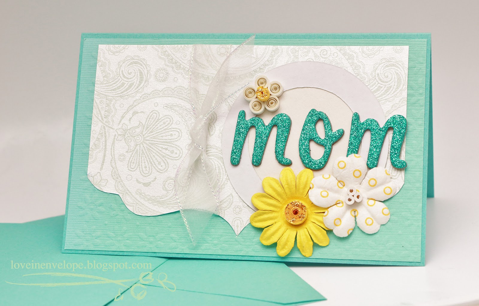 Love in Envelope Tiffany Blue Quilling Handmade  Card  for Mom 