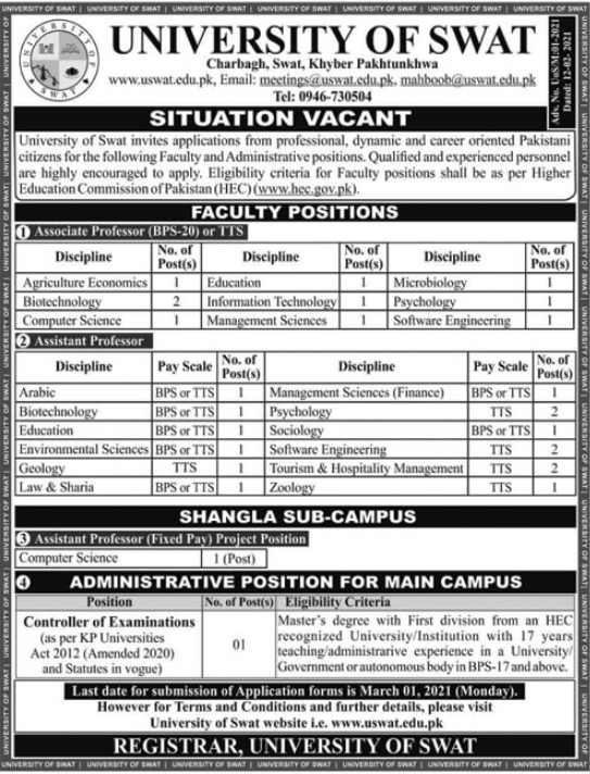 University of Swat Jobs 2021 February Teaching Faculty & Others Latest