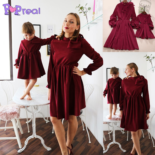 Mom Girl Solid Color Bowknot Decorate Matching Dress