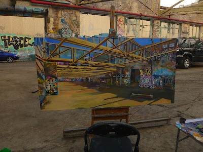 plein air painting of graffiti in the abandoned Dunlop-Slazenger factory by industrial heritage artist Jane Bennett