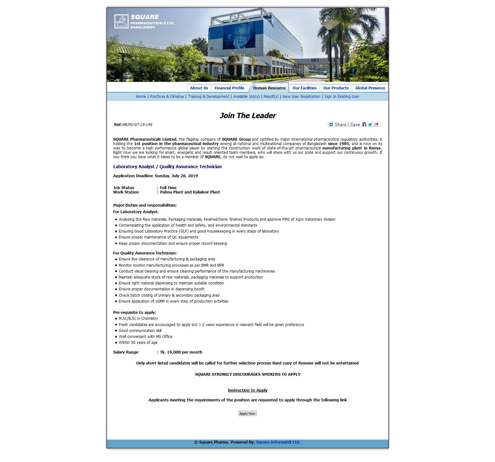 Square Pharmaceutical Laboratory Analyst / Quality Assurance Technician Job Circular 2019