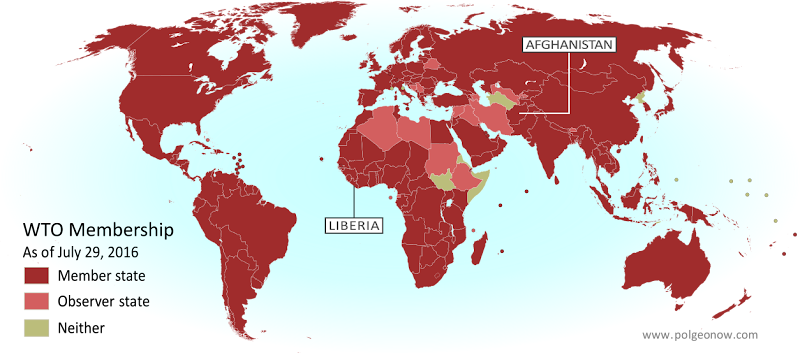 Map of World Trade Organization (WTO) member and observer countries, up-to-date as of 2019, labeling the two most recent members Liberia and Afghanistan, which joined in 2016. Colorblind accessible.