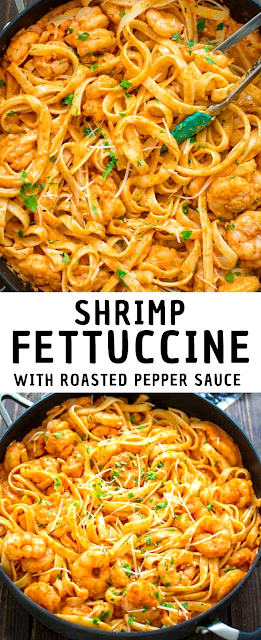 Shrimp Fettuccine with Roasted Pepper Sauce