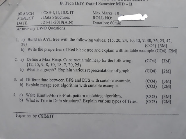 Jntuh Previous Question Papers 1st Year Jntuh CSE R18 2nd year 1st semester Data structures question paper