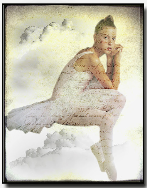 Una hermosa imagen de una joven bailarina entre nubes y letras.