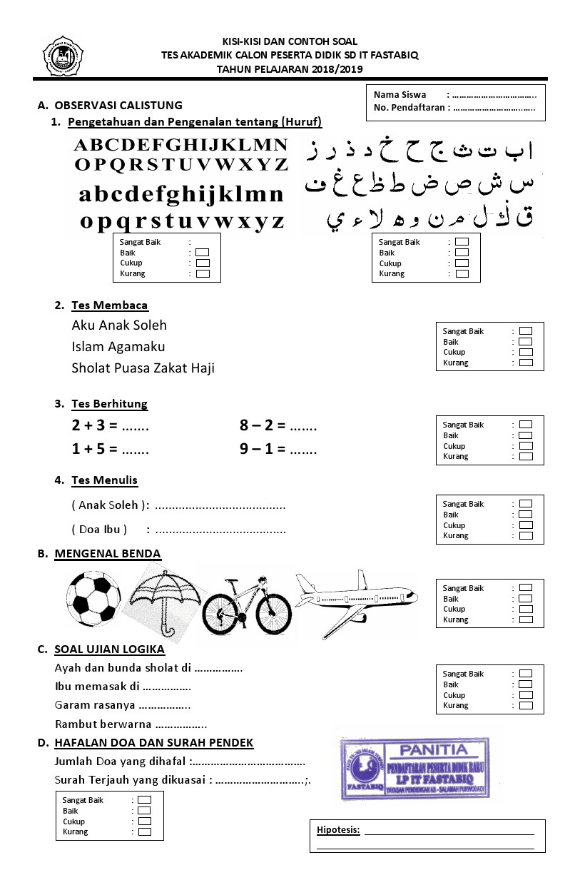 Sekolah Dasar Islam Terpadu Fastabiq Kisi Kisi Dan Contoh Soal Tes Akademik Sd It Fastabiq