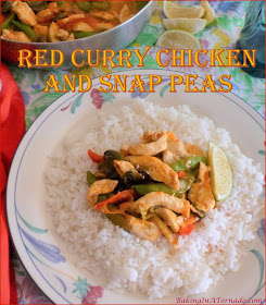 Red Curry Chicken and Snap Peas comes together in just one pan. Chicken and vegetables are simmered in an enhanced red curry sauce. | Recipe developed by www.BakingInATornado.com | #recipe #dinner