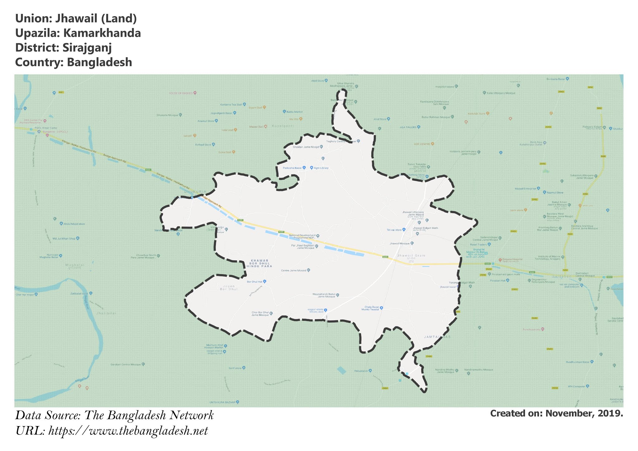 Map of Jhawail of Kamarkhanda Upazila Map of Jhawail of Sirajganj, Bangladesh.