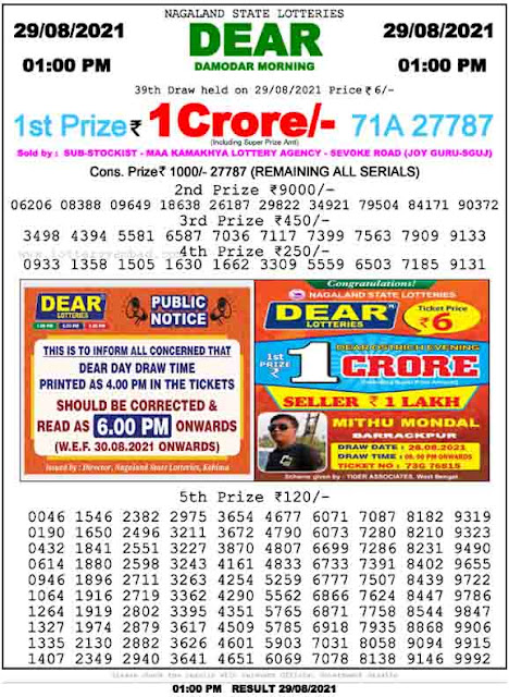 Nagaland State Lottery Result 29.8.2021 Today