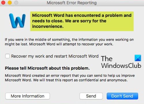 Er is een probleem opgetreden in Word en moet worden afgesloten op Mac